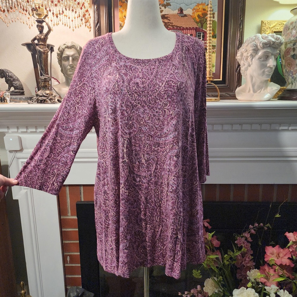 Catherines 0X Maroon Pink Paisley Textured Top Scoop Neck 3/4 Sleeve Boho 14/16W